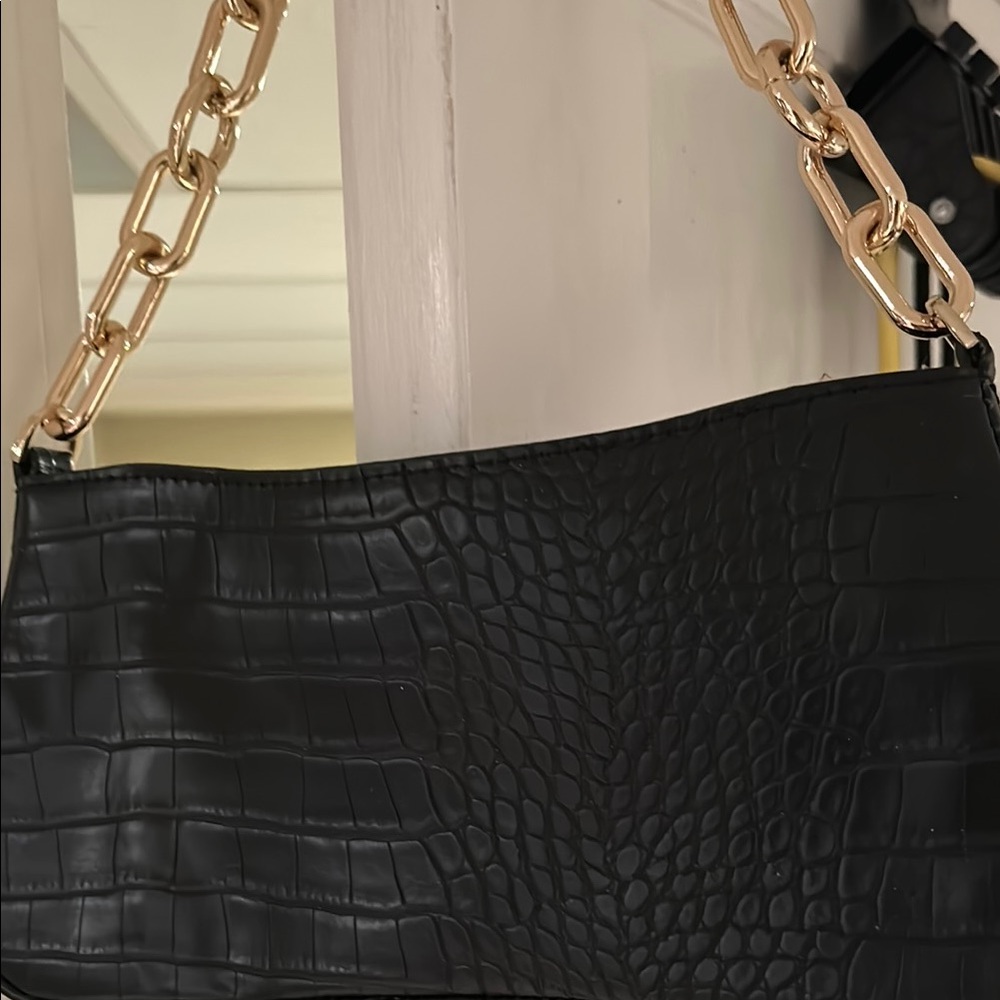 Black Croc-Embossed Bag with Gold Chain